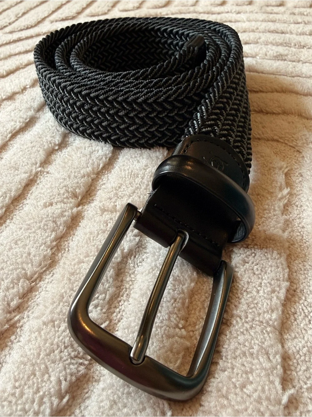 Original Penguin Black Braided Elastic Belt with Leather Trim